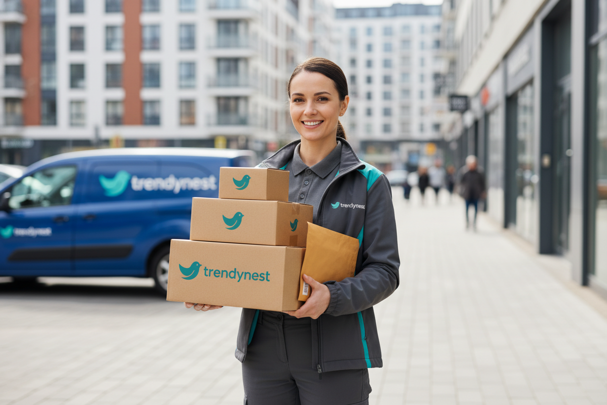 un repartidor entregando los paquetes de trendynest